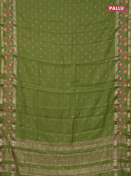 Semi chanderi saree light green with allover zari weaves and floral embroidery border