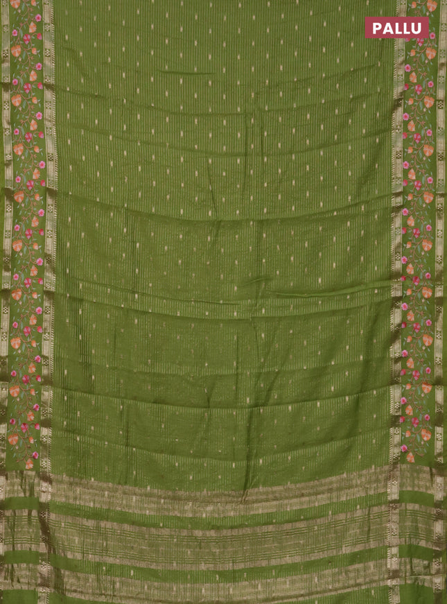 Semi chanderi saree light green with allover zari weaves and floral embroidery border