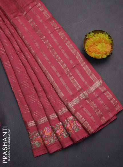 Semi chanderi saree peach pink with allover zari weaves and embroidery border