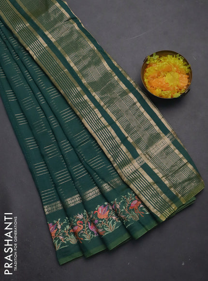 Semi chanderi saree green shade with allover zari weaves and embroidery border