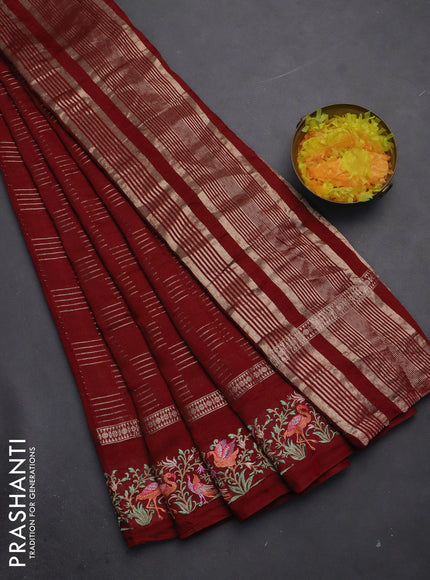 Semi chanderi saree maroon with allover zari weaves and embroidery border