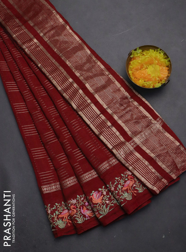 Semi chanderi saree maroon with allover zari weaves and embroidery border