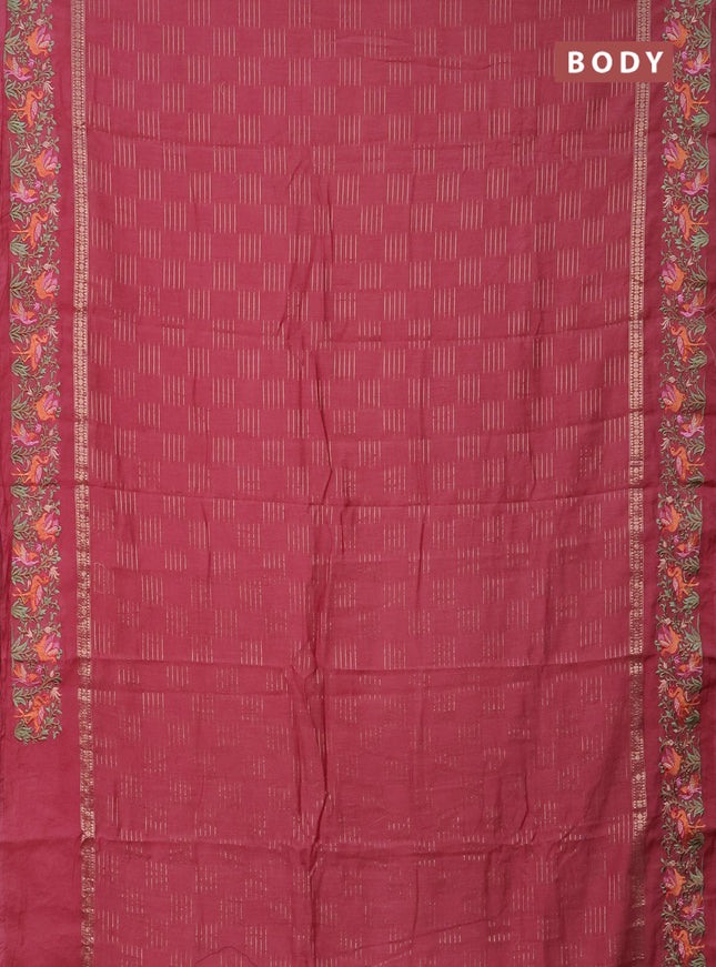 Semi chanderi saree peach pink with allover zari weaves and embroidery border