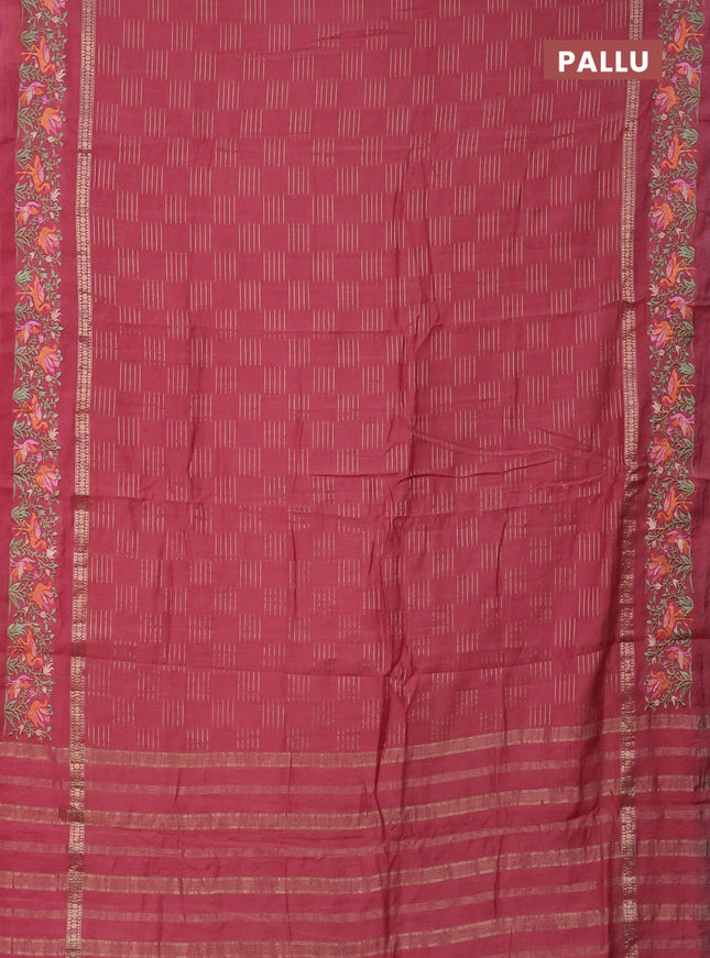 Semi chanderi saree peach pink with allover zari weaves and embroidery border