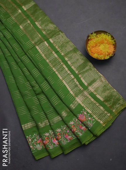 Semi chanderi saree light green with allover zari weaves and embroidery border