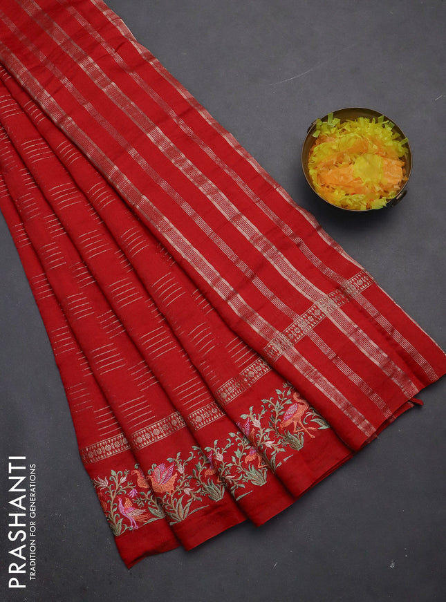 Semi chanderi saree red with allover zari weaves and embroidery border
