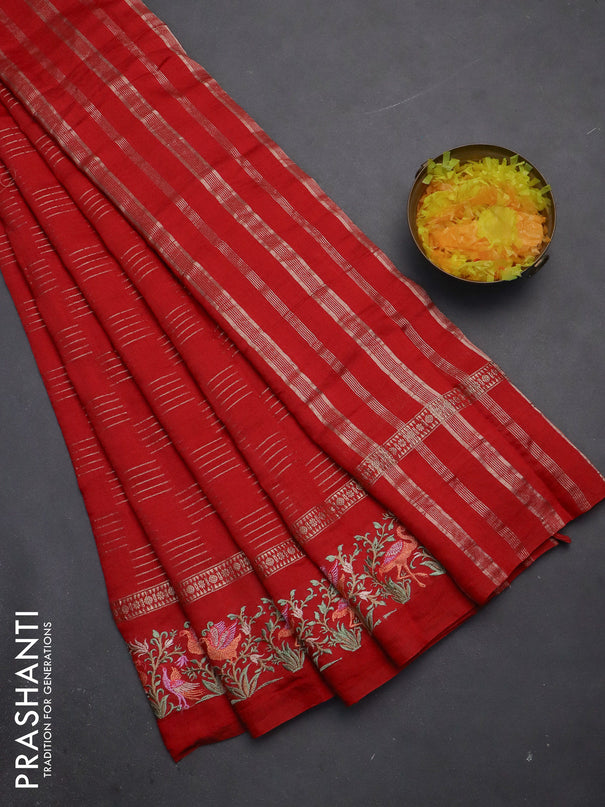 Semi chanderi saree red with allover zari weaves and embroidery border