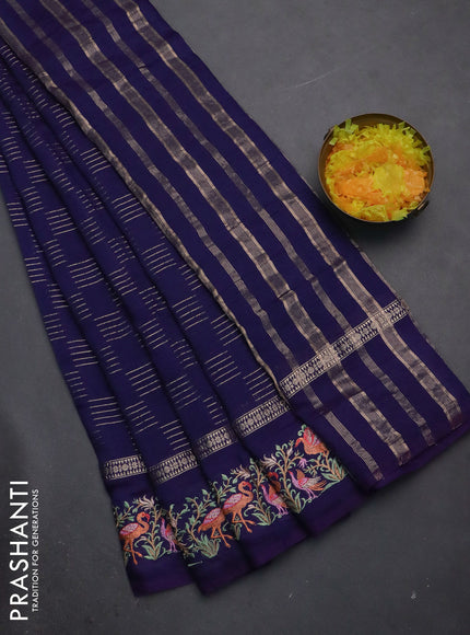 Semi chanderi saree dark blue with allover zari weaves and embroidery border