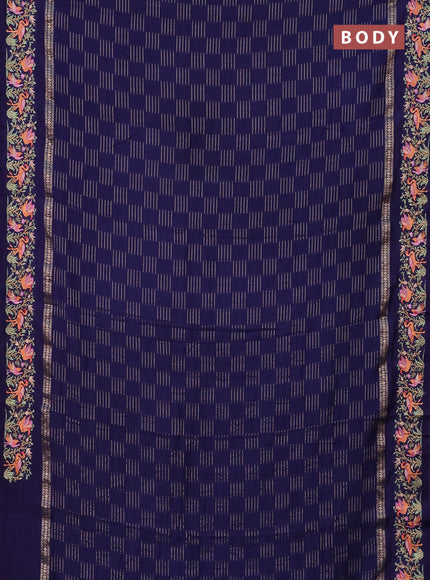 Semi chanderi saree dark blue with allover zari weaves and embroidery border