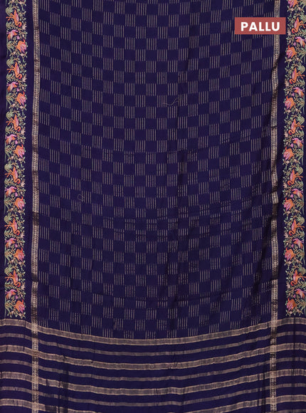 Semi chanderi saree dark blue with allover zari weaves and embroidery border