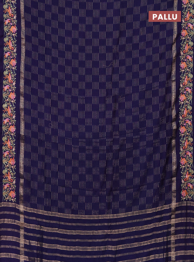 Semi chanderi saree dark blue with allover zari weaves and embroidery border