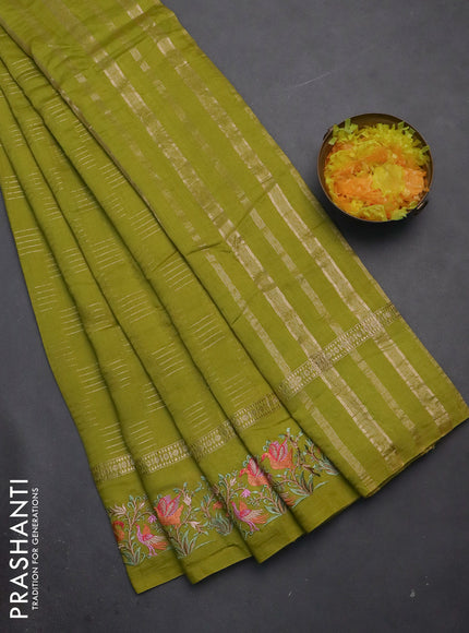 Semi chanderi saree lime green with allover zari weaves and embroidery border