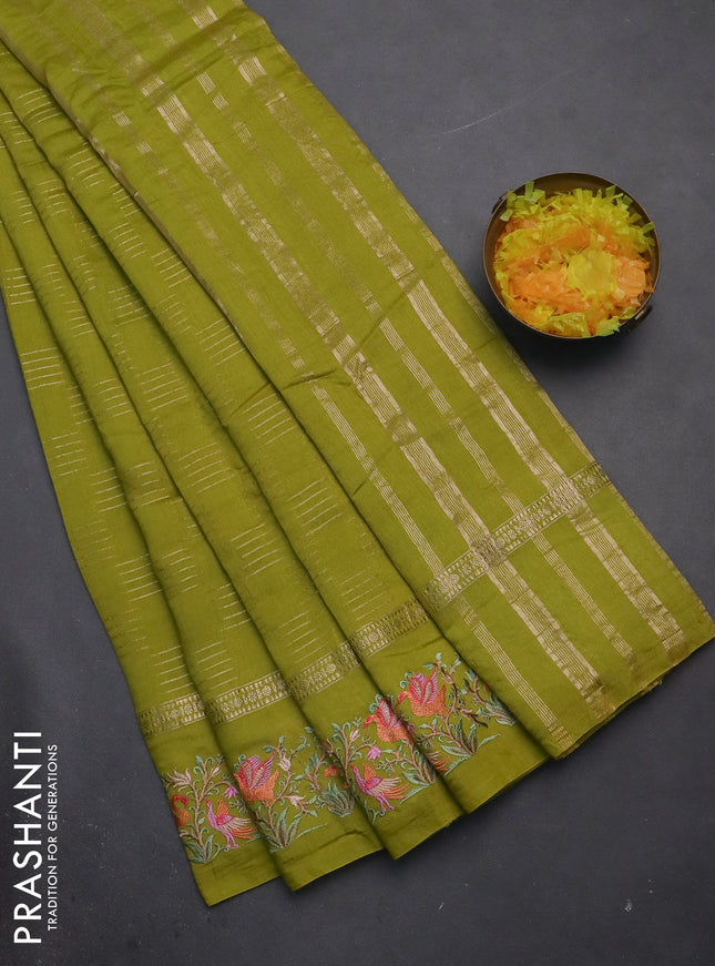 Semi chanderi saree lime green with allover zari weaves and embroidery border