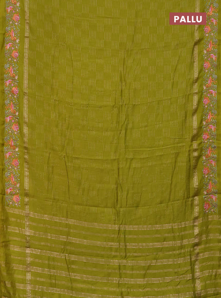 Semi chanderi saree lime green with allover zari weaves and embroidery border