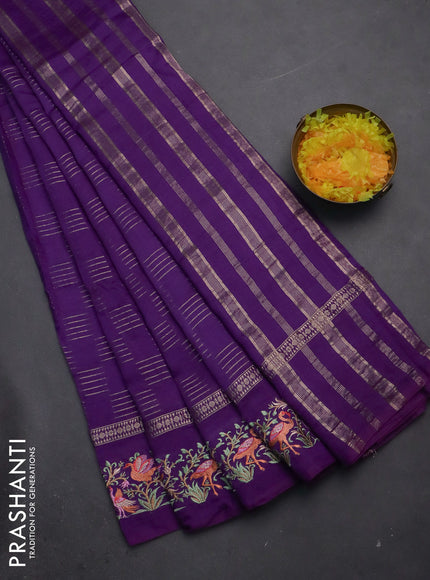 Semi chanderi saree violet with allover zari weaves and embroidery border