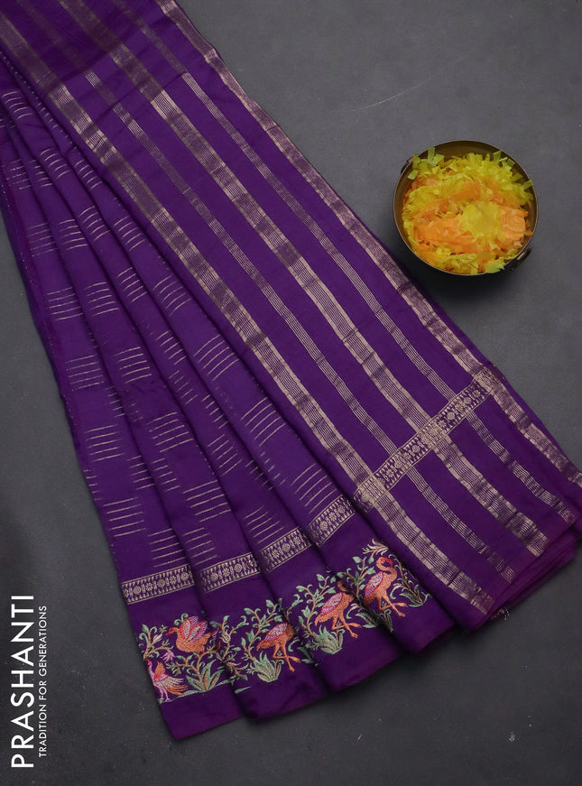 Semi chanderi saree violet with allover zari weaves and embroidery border