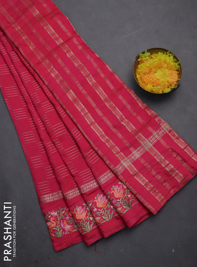 Semi chanderi saree pink with allover zari weaves and embroidery border