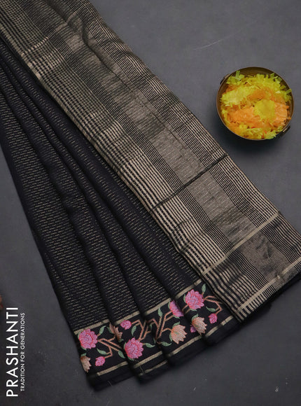 Semi chanderi saree black with allover zari weaves and floral embroidery border