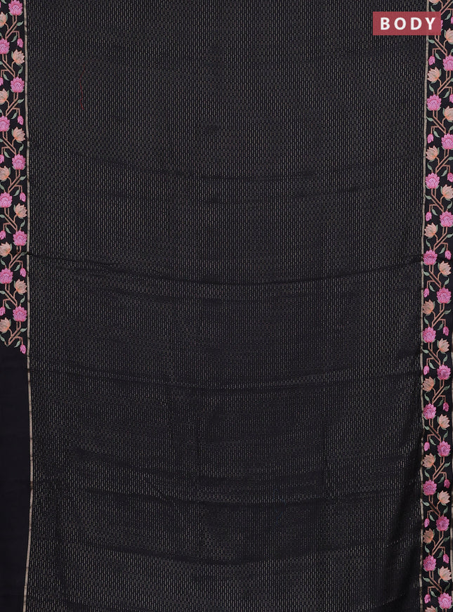Semi chanderi saree black with allover zari weaves and floral embroidery border