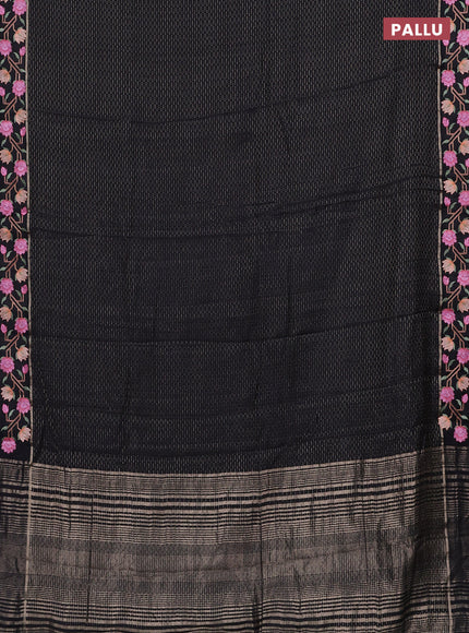 Semi chanderi saree black with allover zari weaves and floral embroidery border