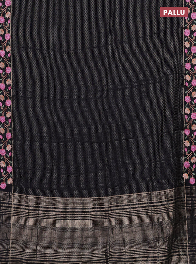 Semi chanderi saree black with allover zari weaves and floral embroidery border