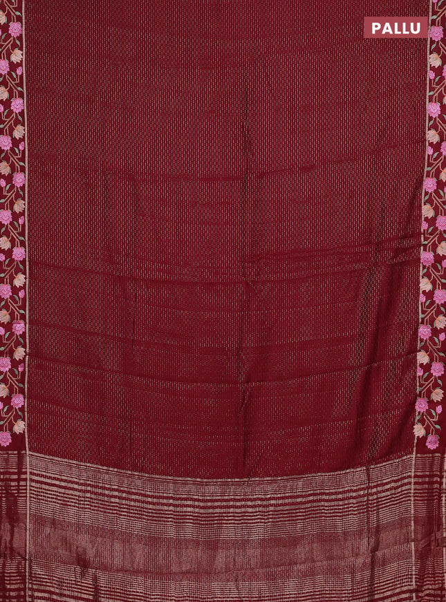 Semi chanderi saree maroon with allover zari weaves and floral embroidery border