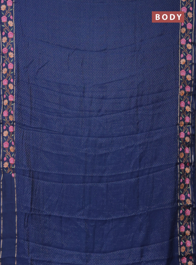Semi chanderi saree blue with allover zari weaves and floral embroidery border