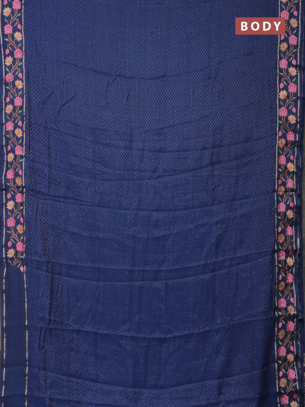 Semi chanderi saree blue with allover zari weaves and floral embroidery border