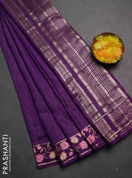 Semi chanderi saree violet with allover zari weaves and floral embroidery border