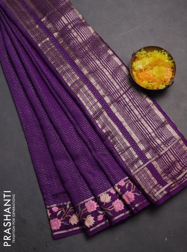 Semi chanderi saree violet with allover zari weaves and floral embroidery border
