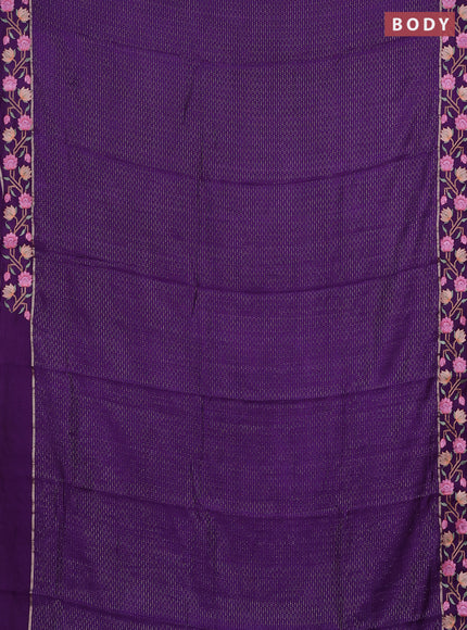Semi chanderi saree violet with allover zari weaves and floral embroidery border