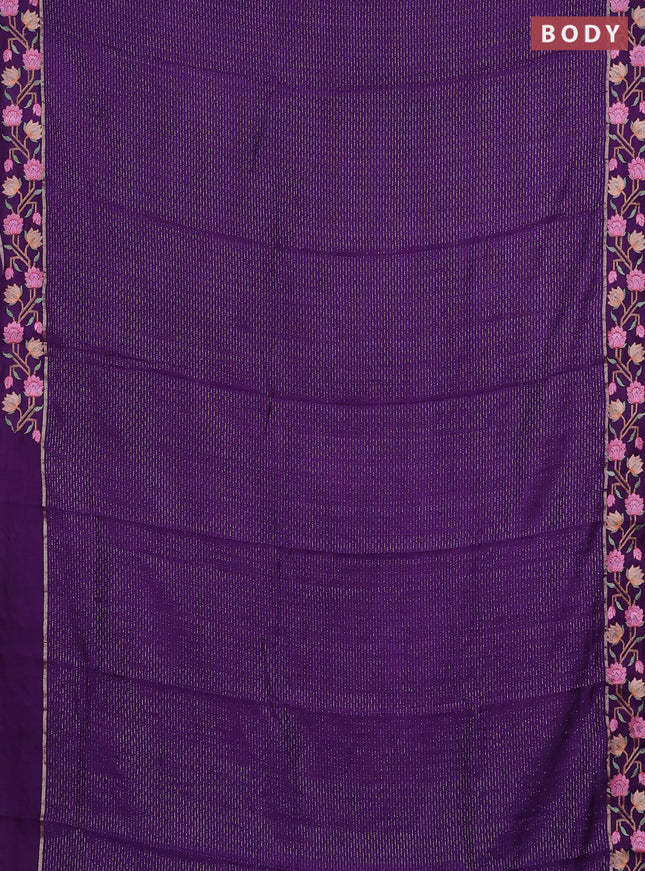 Semi chanderi saree violet with allover zari weaves and floral embroidery border