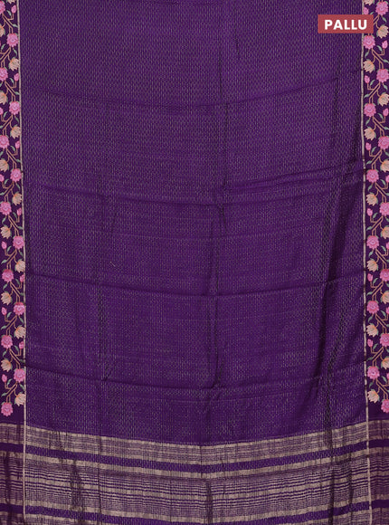 Semi chanderi saree violet with allover zari weaves and floral embroidery border
