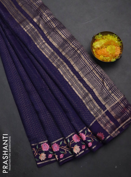 Semi chanderi saree blue with allover zari weaves and floral embroidery border