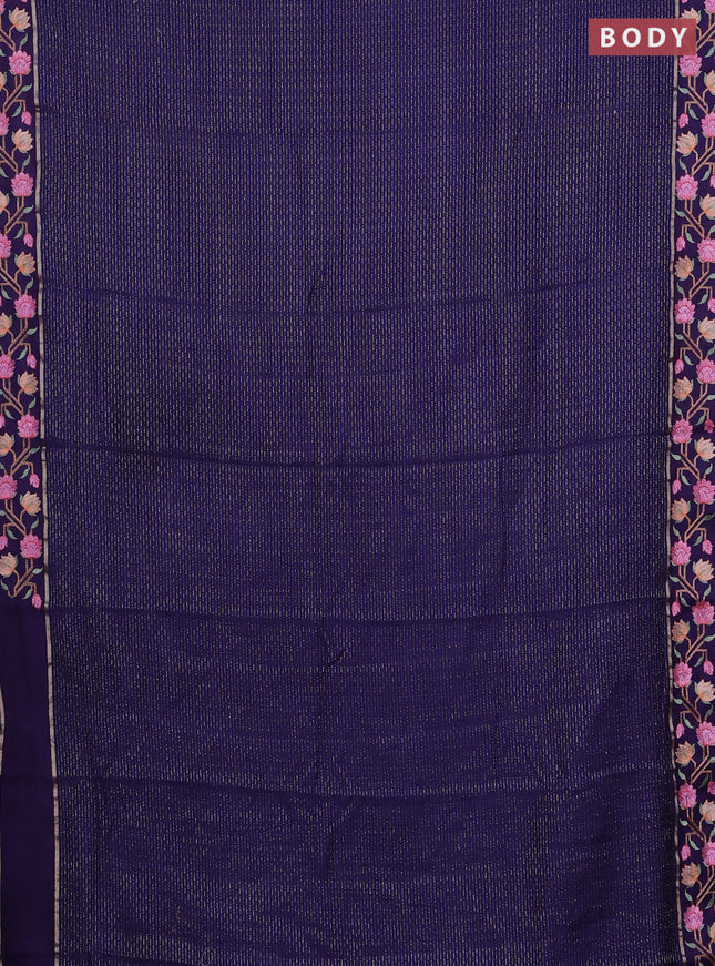 Semi chanderi saree blue with allover zari weaves and floral embroidery border