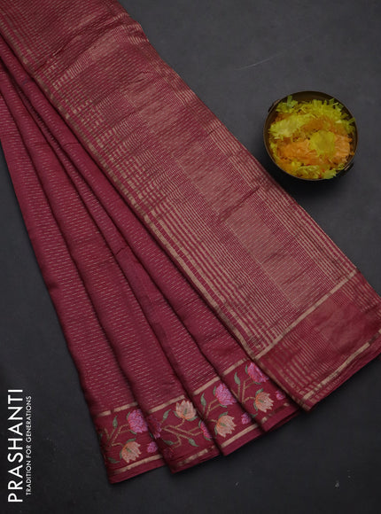 Semi chanderi saree pink shade with allover zari weaves and floral embroidery border