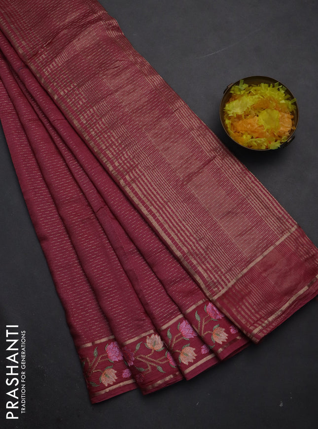 Semi chanderi saree pink shade with allover zari weaves and floral embroidery border