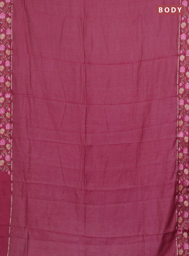 Semi chanderi saree pink shade with allover zari weaves and floral embroidery border