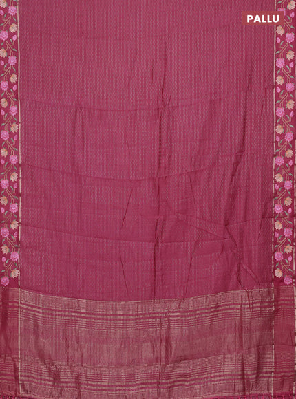 Semi chanderi saree pink shade with allover zari weaves and floral embroidery border