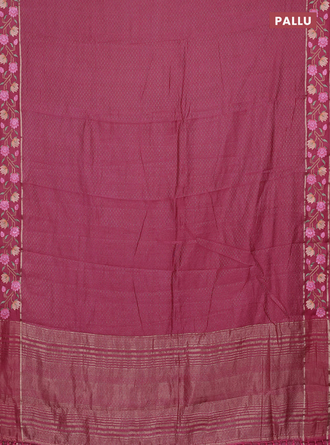 Semi chanderi saree pink shade with allover zari weaves and floral embroidery border