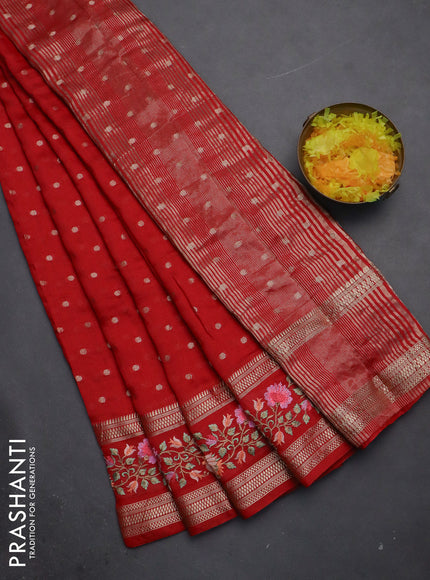 Semi chanderi saree red with allover zari woven buttas and floral embroidery border