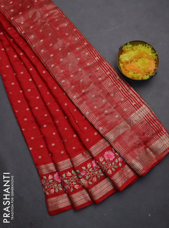 Semi chanderi saree red with allover zari woven buttas and floral embroidery border