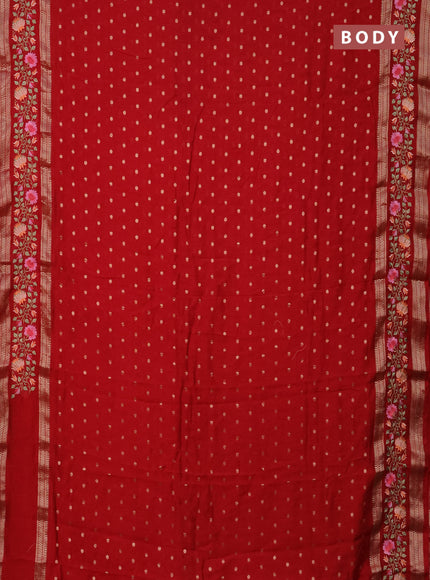 Semi chanderi saree red with allover zari woven buttas and floral embroidery border