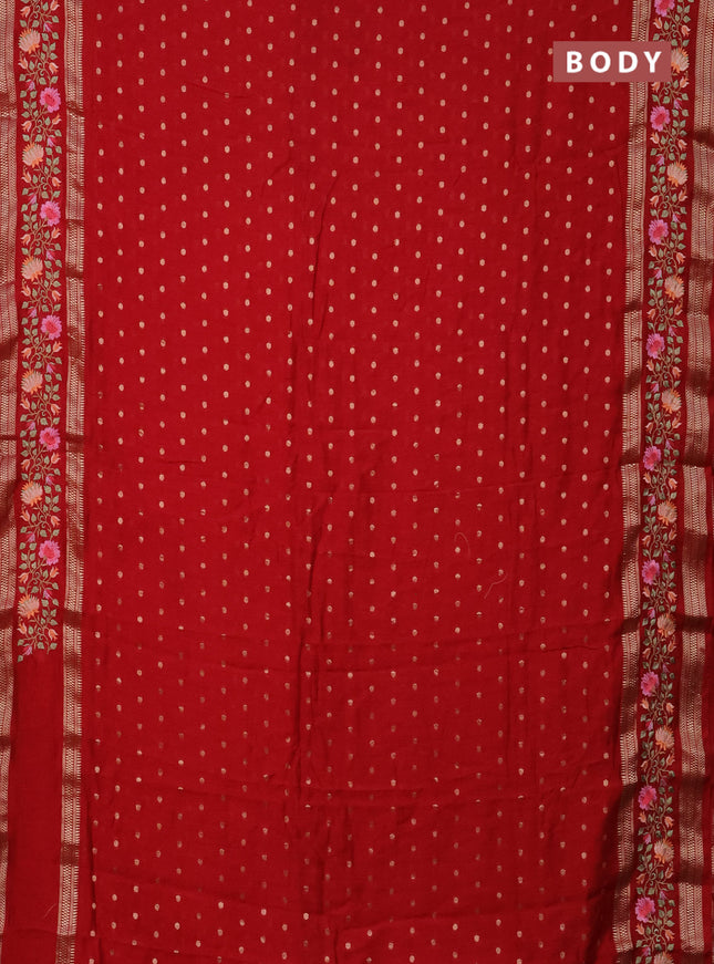 Semi chanderi saree red with allover zari woven buttas and floral embroidery border