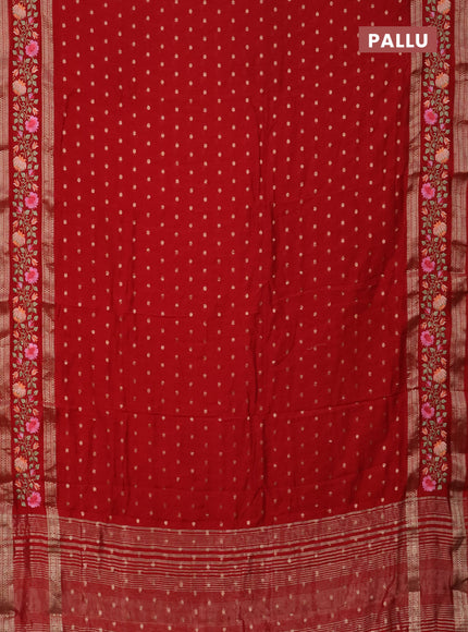 Semi chanderi saree red with allover zari woven buttas and floral embroidery border