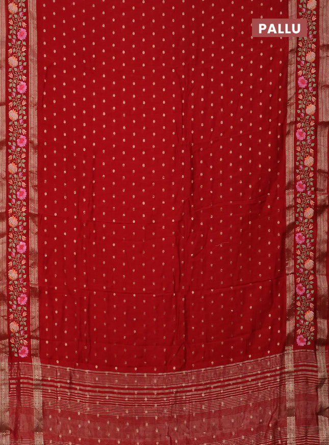 Semi chanderi saree red with allover zari woven buttas and floral embroidery border