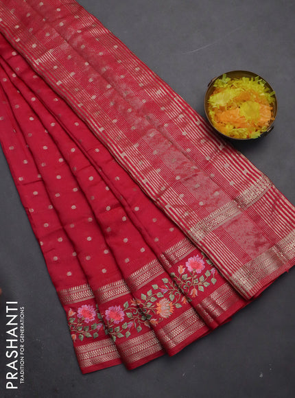 Semi chanderi saree pink with allover zari woven buttas and floral embroidery border