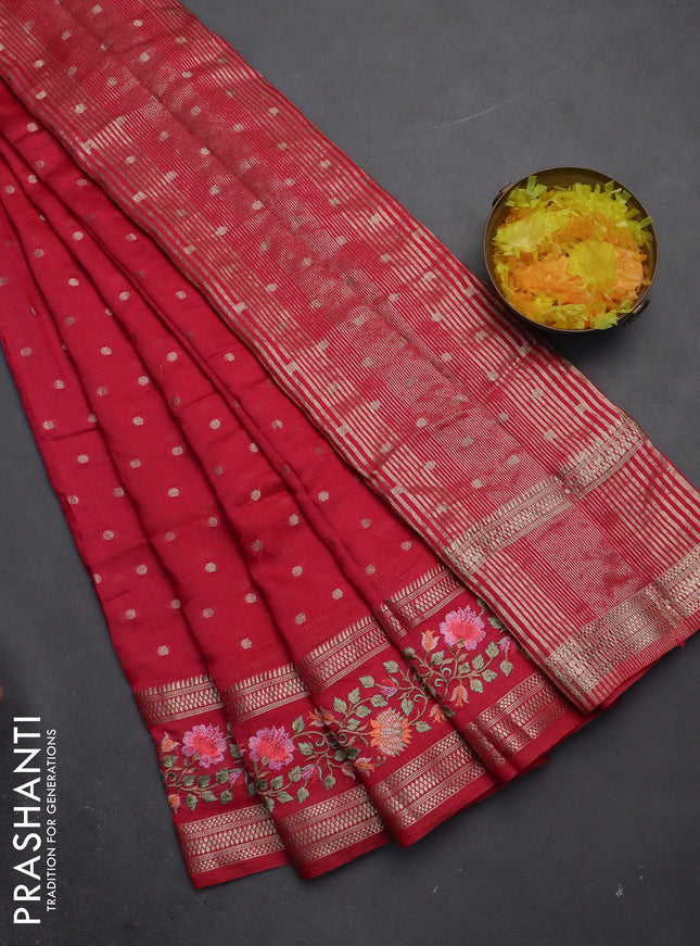 Semi chanderi saree pink with allover zari woven buttas and floral embroidery border