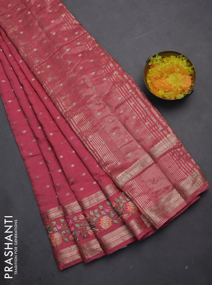 Semi chanderi saree peach pink with allover zari woven buttas and floral embroidery border