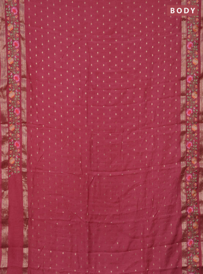 Semi chanderi saree peach pink with allover zari woven buttas and floral embroidery border